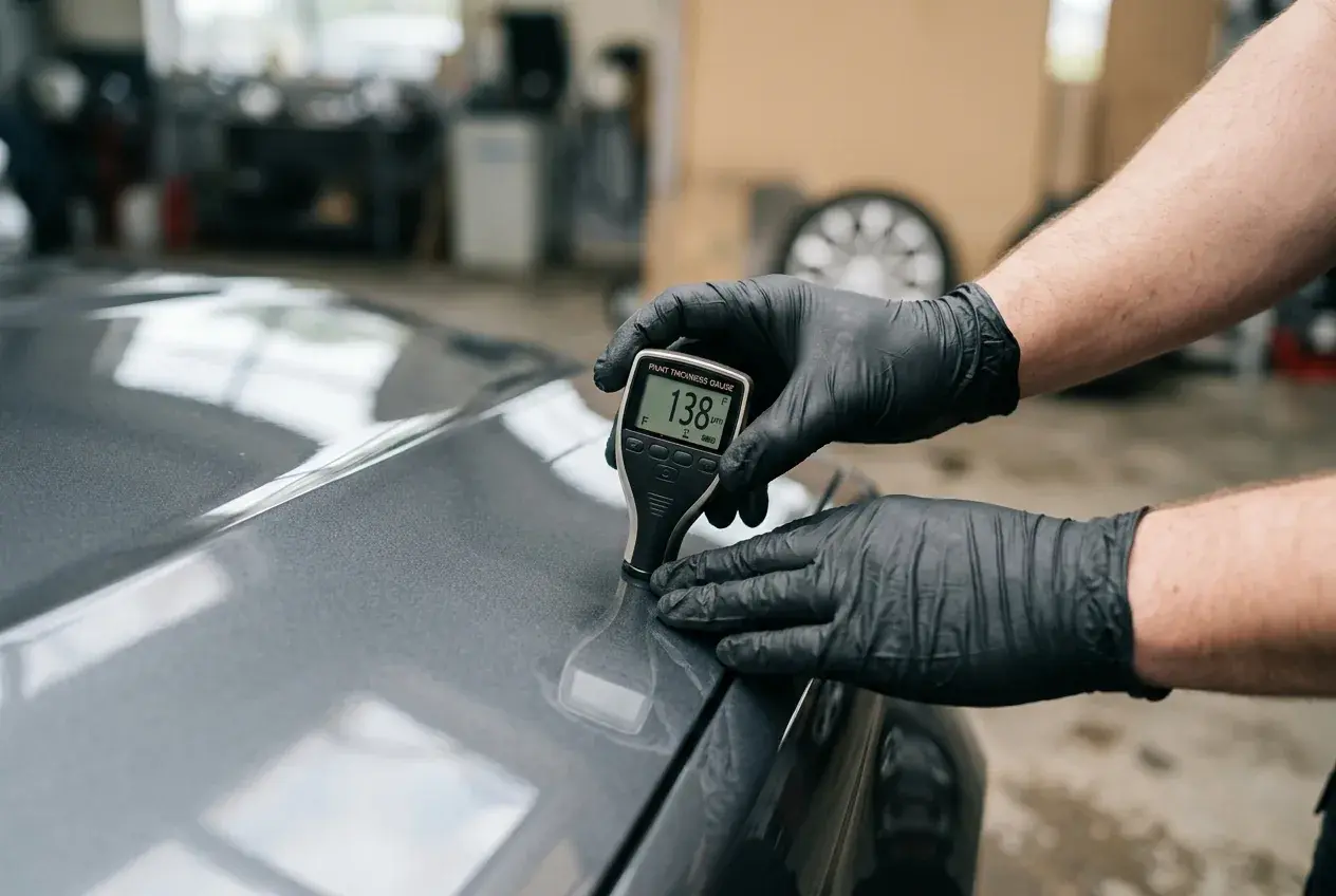Lackschichtmessung bei einer KFZ-Begutachtung — Detail mit Handschuhen