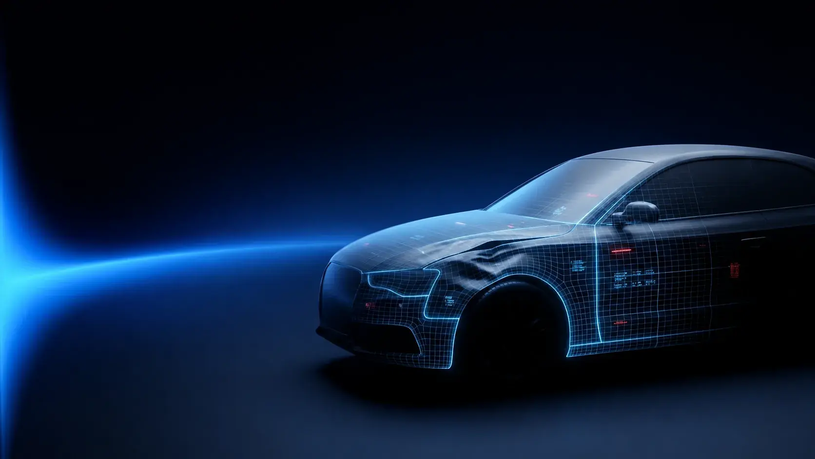 Wireframe-Visualisierung eines Fahrzeugs mit blauem Lichtkegel — KFZ-Sachverständiger Hamburg