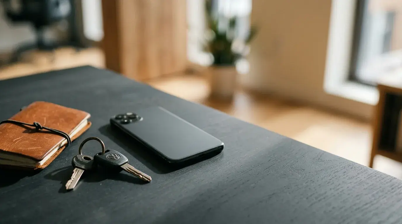 Smartphone, Autoschlüssel und Notebook auf einem Schreibtisch