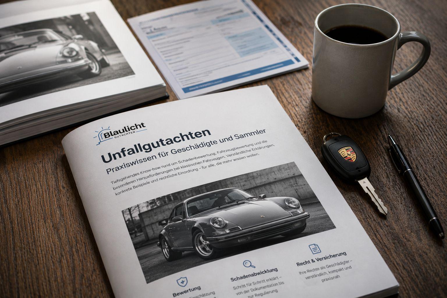 Blaulicht Gutachten Ratgeber-Magazin mit Porsche-Motiv, Autoschlüssel und Kaffee auf einem Schreibtisch