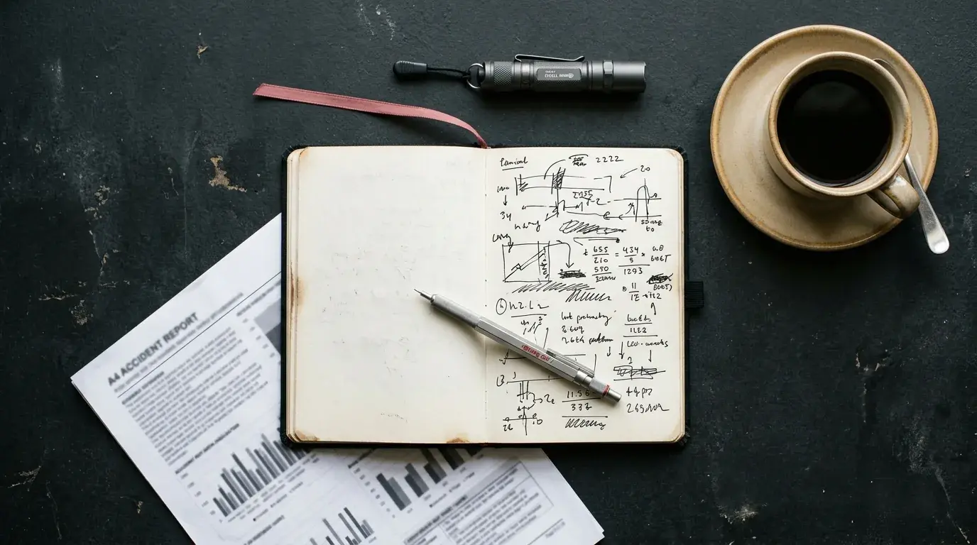 Gutachten-Notizen Flatlay auf einem Schreibtisch